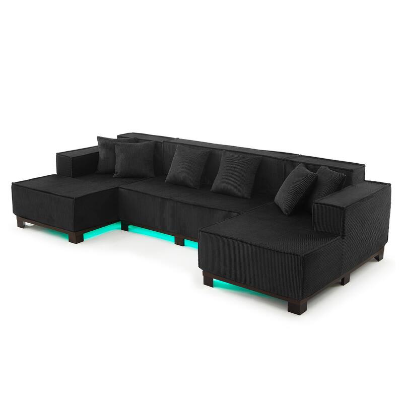 Modern U-Shaped Sectional Sofa Set Stripe Corduroy Upholstered Sofa with Light Strip and 6 Pillows