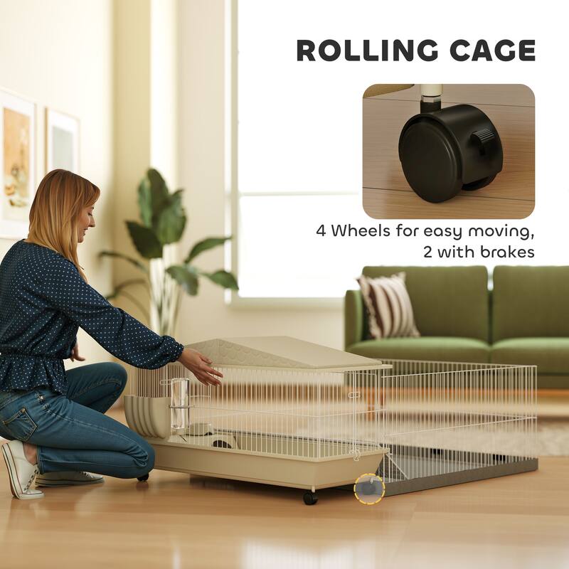 PawHut Small Animal Cage with Removable Pet Playpen, Guinea Pig Cage with Waterproof Pad, Hay Feeder