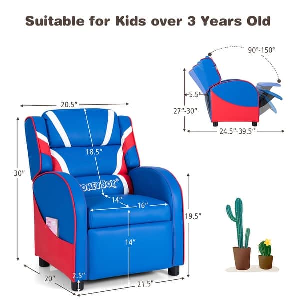 dimension image slide 1 of 2, Kids Recliner Chair Gaming Sofa PU Leather Armchair w/Side Pockets - 21.5'' x 20'' x 30'' (L x W x H)