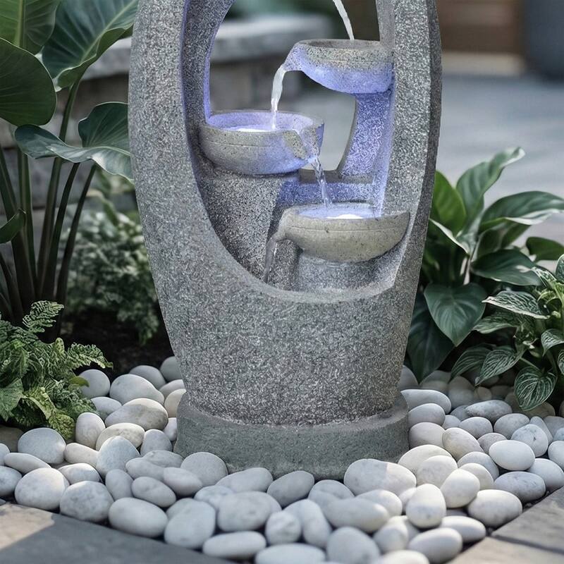 4 Tier Flowing Water Indoor/Outdoor Fountain Modern Hollow Oval and Blue Lighting Healing Decor