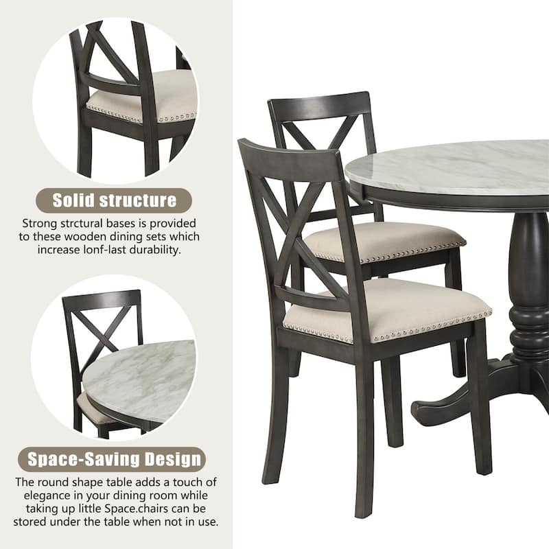 5 Piece Modern Solid Wood Dining Table Set with Chairs, Faux Marble Top
