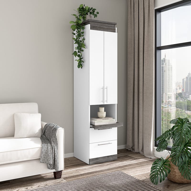 Orion Narrow Storage Cabinet with Drawers and Pull-Out Shelf by Bestar - White/Walnut Grey