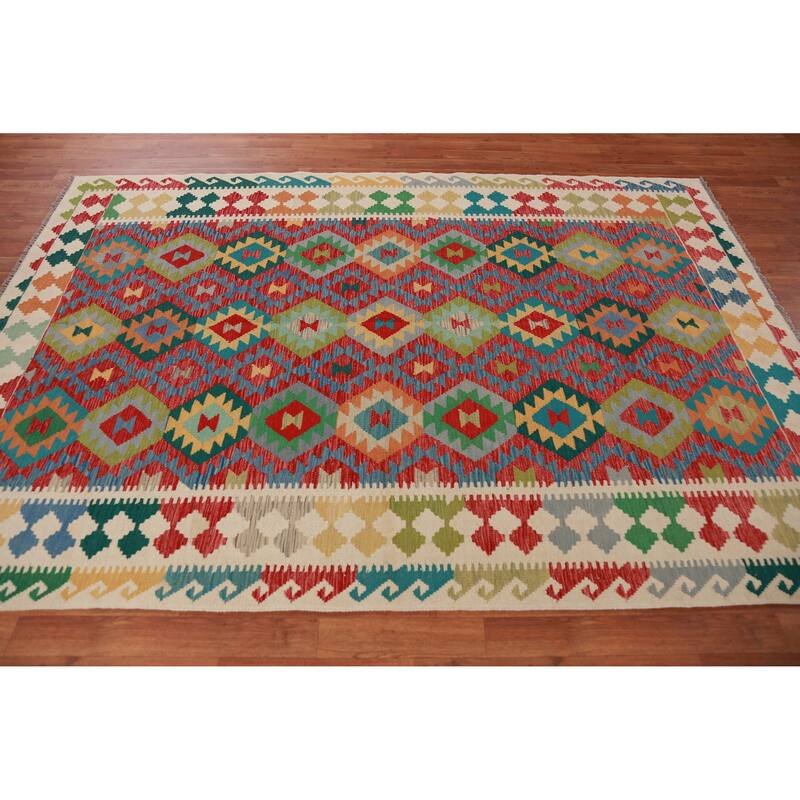 Hand Woven Oriental 100% Wool Carpet Southwestern Geometric Multi-Colored Kilim Area Rug - 8' 4'' X 5' 10''