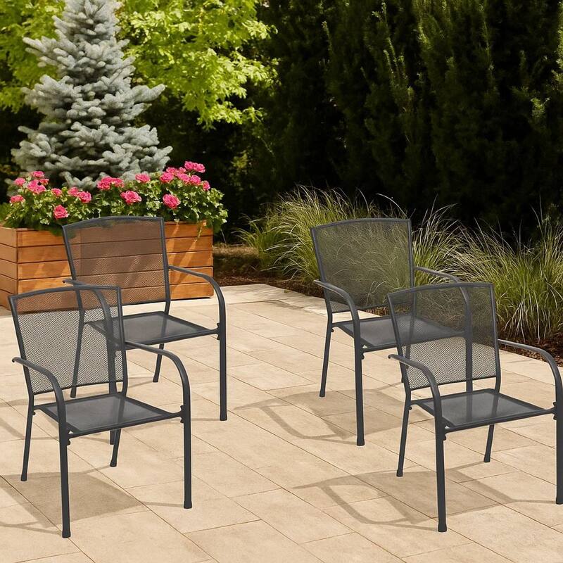 Outdoor Dining ArmSet of 4, Dark Gray Steel Frame, Mesh Design