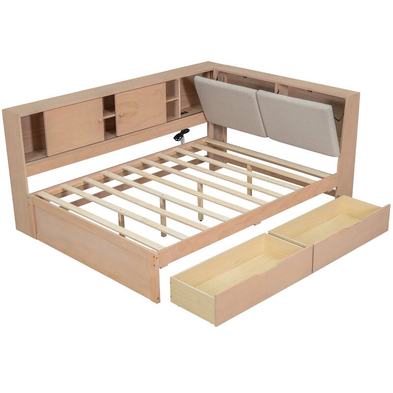 L-Shaped Daybed with Bookcase & USB Charging Port, Wood Floor Corner Bed Frame with Storage Drawers & Upholstered Headboard