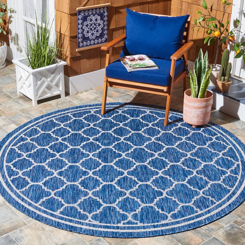SAFAVIEH Courtyard Kamini Indoor/ Outdoor Waterproof Patio Backyard Rug - 6'7" Round - Navy/Grey