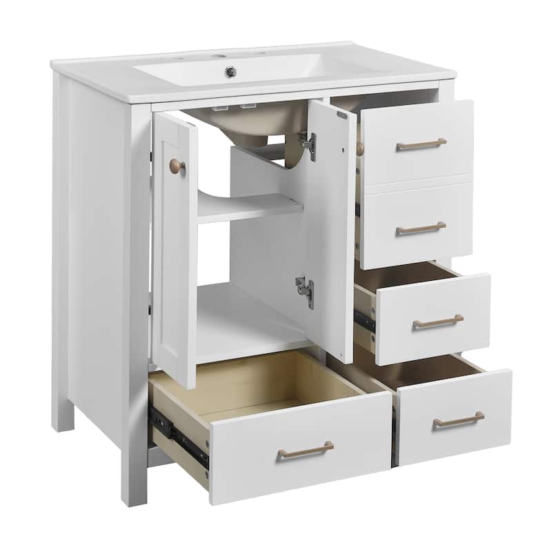 24'' Freestanding Bathroom Vanity in White with White Integrated Ceramic Sink - 30'' x 18.3'' x 33.8''