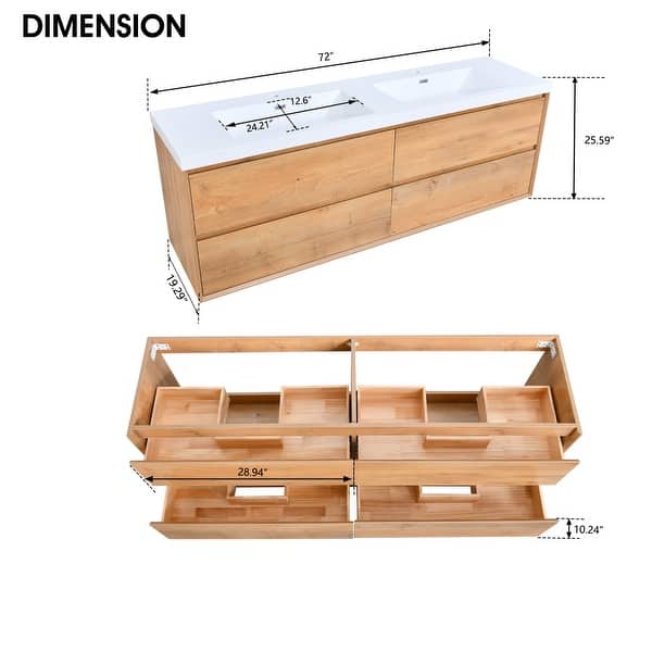 PROOX Modern 72in. Single Faucet Hole Floating Bathroom Vanity with Double Rectangular Integral Sink - 72"W x 20"D