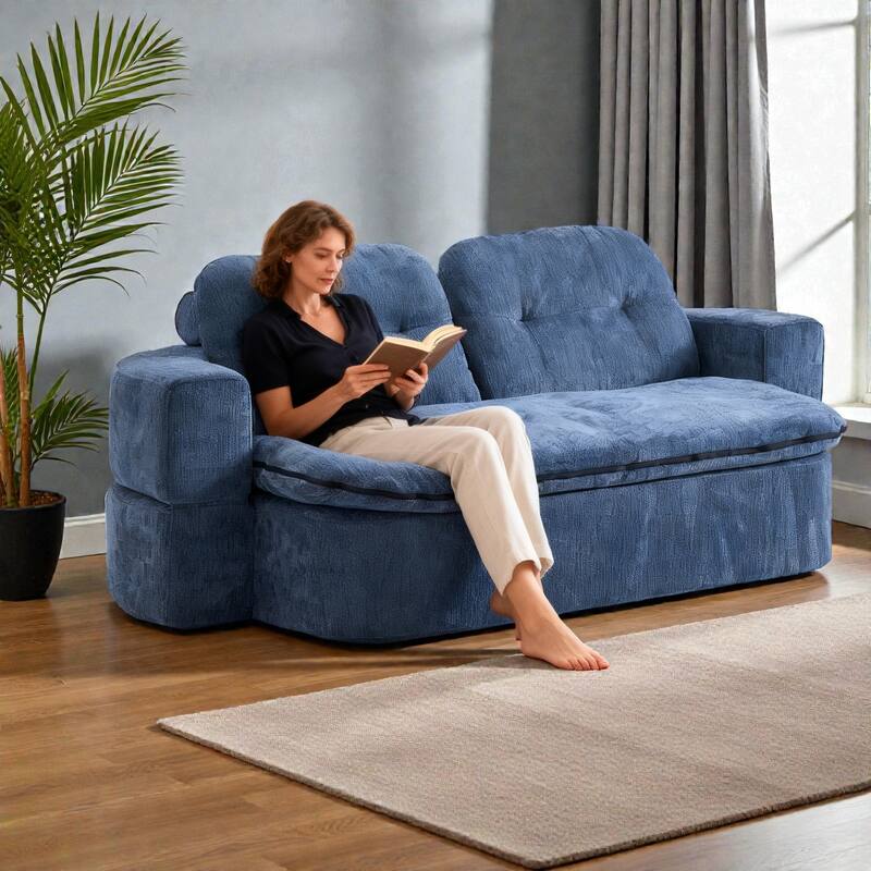 Modern Convertible Floor Sofa Bed with Pillows, Corduroy Foldable Sleeper Sofa Mattress with Built-In Quilt, No Assembly