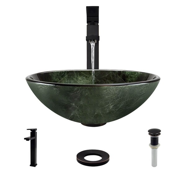 Rene R5-5027-R9-7003 16-1/2" Glass Vessel Bathroom Sink with Vessel Faucet, Sink Ring, and Vessel Pop-Up Drain