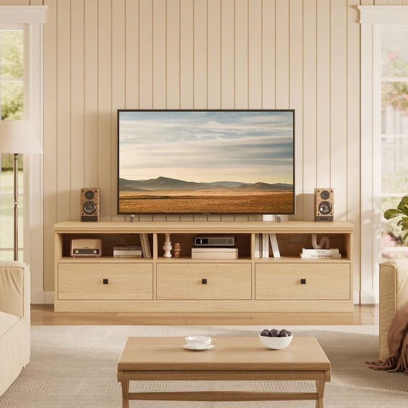 TV Console, with Open Shelves and Storage Drawer - Natural