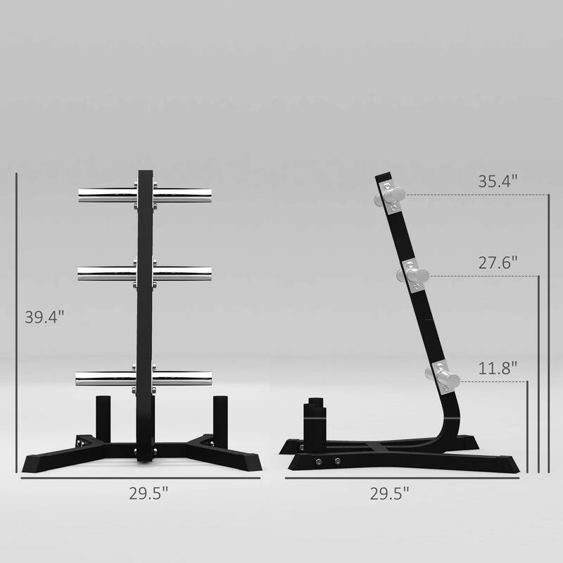 Steel Weight Tree Rack with 6 Plate Posts & 3 Barbell Holders - 29.5" L x 29.5" W x 39.4" H - Black