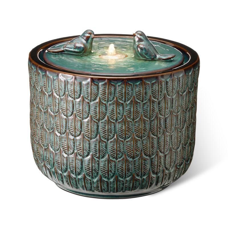 Glitzhome 15"H LED Ceramic Birdbath Outdoor Fountain with Two Birds & Leaf Pattern