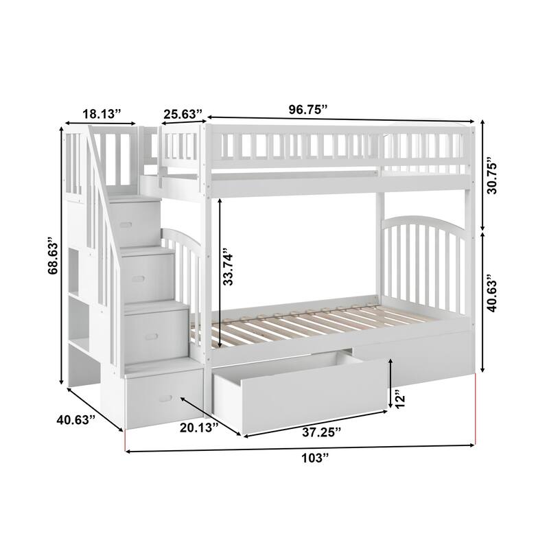 AFI Westbrook Twin over Twin Size Staircase Bunk Bed with Bed Drawers & Charging Station in White