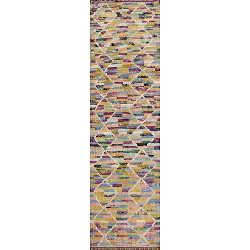 Multicolor Trellis Moroccan Runner Rug Hand-Knotted Wool Carpet - 2'7"x 12'10"