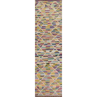 Multicolor Trellis Moroccan Runner Rug Hand-Knotted Wool Carpet - 2'7"x 12'10"