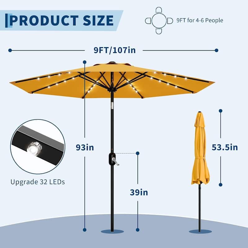 9 FT Outdoor Table Patio Umbrella, Waterproof UV Protection with Solar Lights