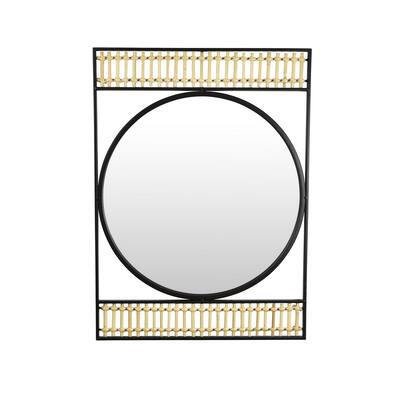 Zine Mirror Wall Decor, Round Glass, Woven Border, 19 x 27 Black Metal