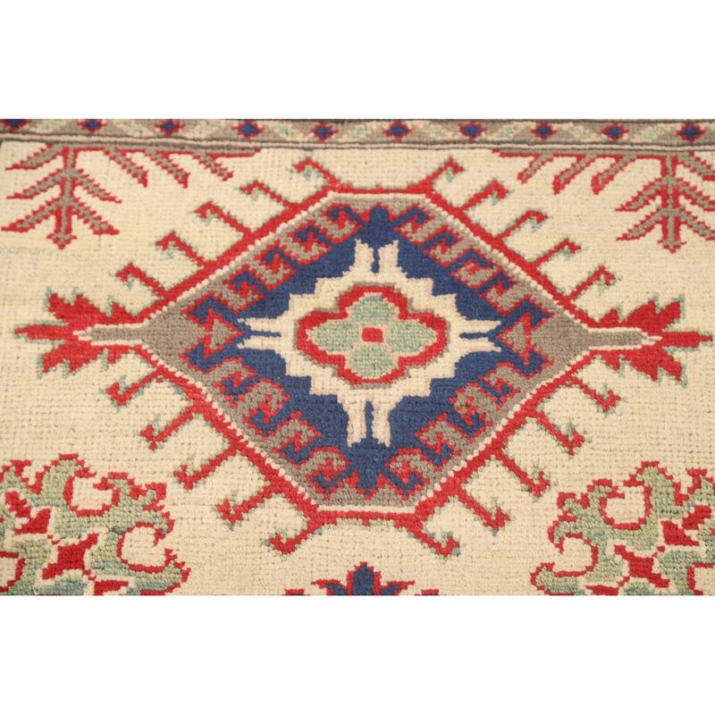 Geometric Kazak Accent Rug Hand-Knotted Beige Wool Carpet - 3'2" x 4'1"