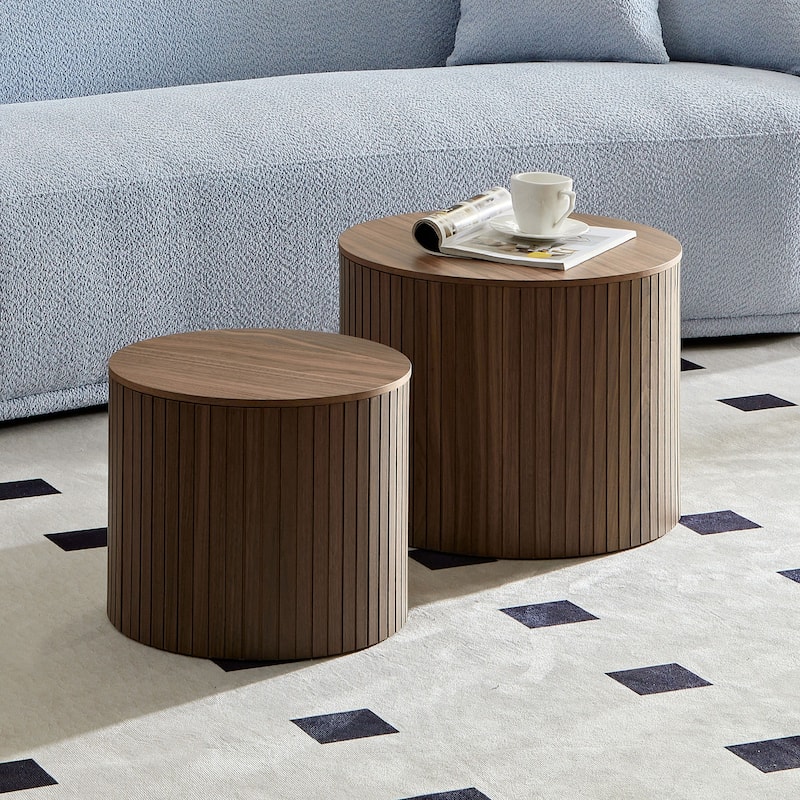 Set of 2 Round Nesting Tables, Vertical Stripe Coffee Table Sets with Hidden Storage and Disassembled Tabletop - Brown