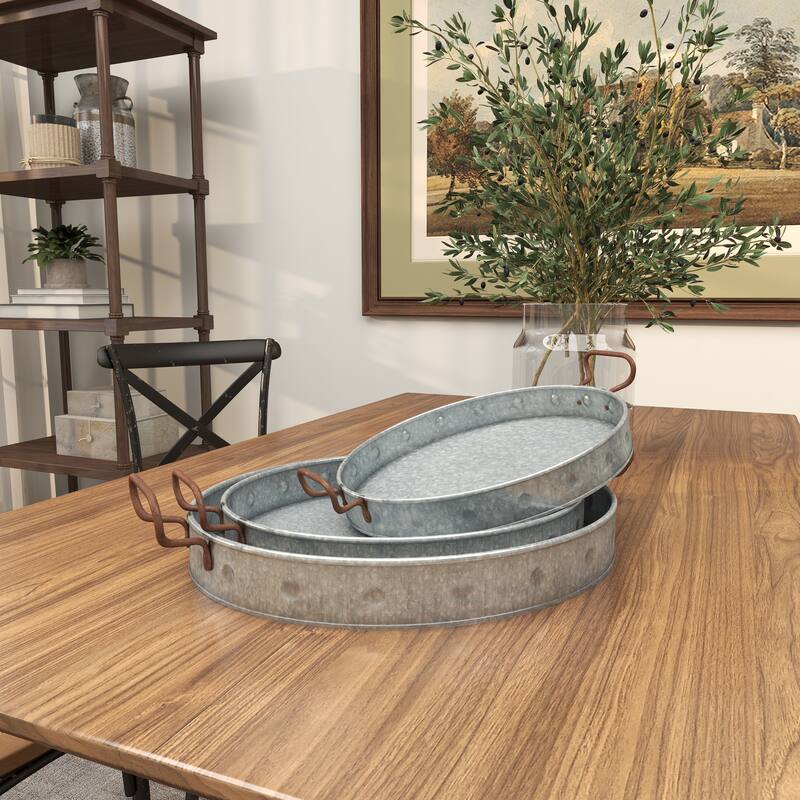 Gray Metal Galvanized Oval Living Room Decor Tray with Rust Handles (Set of 3)