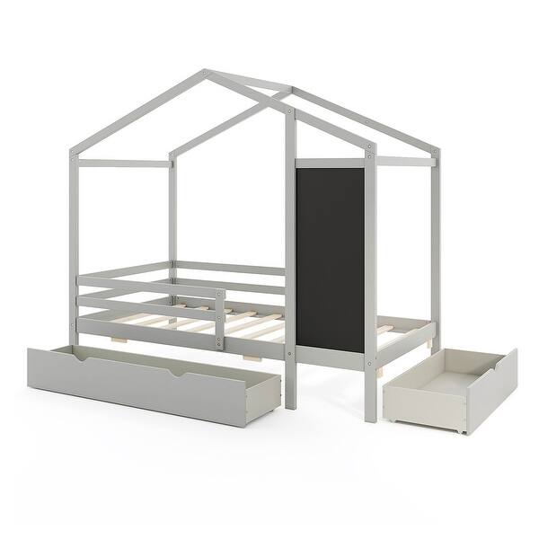 slide 2 of 20, Kids House-Shaped Twin Size Bed with 2 Large Drawers with Blackboard