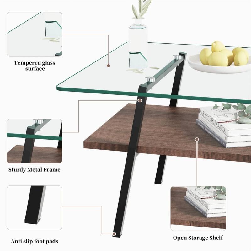 Rectangle Tempered Glass Coffee Table with Metal Legs
