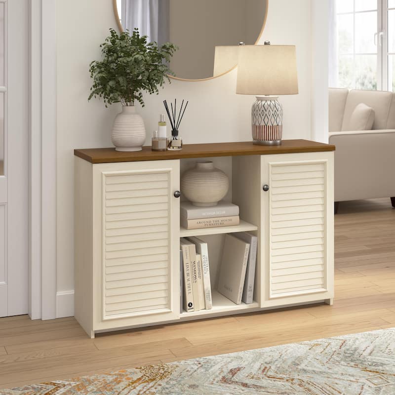 Bush Furniture Fairview Accent Cabinet with Doors and Shelves - Antique White/Tea Maple