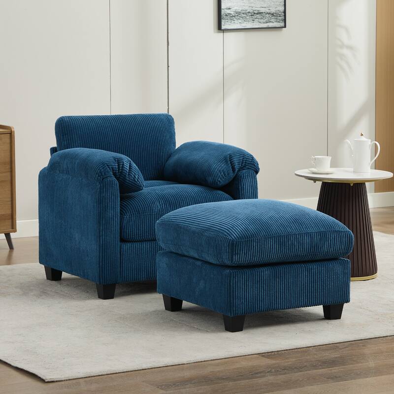 Corduroy Single Sofa Chiar with A Removable Ottoman - Opal Blue