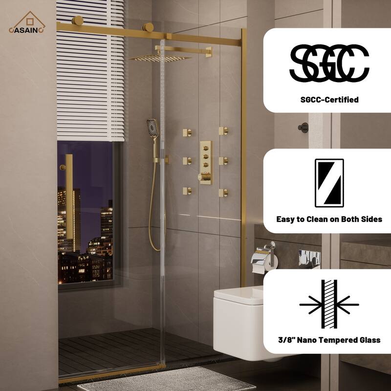 CASAINC 48 in. W x 76 in. H Sliding Frameless Shower Door with SGCC Certification