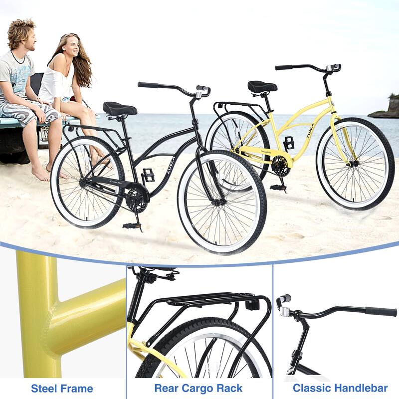 Women's Beach Cruiser - Steel Frame, Single Speed, Wide Wheels, Rear Coaster Brakes, Multiple Colors - 26