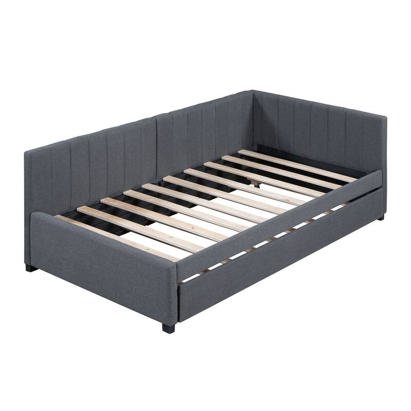 Twin Daybed Frame Linen Upholstered Sofa Bed L Shaped Backrest Mattress Holde Slat Support with Twin Size Trundle