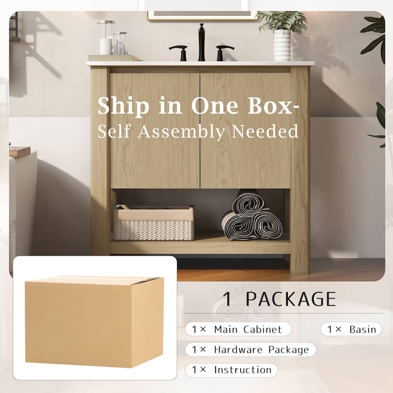 Bathroom Vanity with Ceramic Sink, Bathroom Cabinet with Soft-Closing Doors, Freestanding Cabinet with Open Shelf