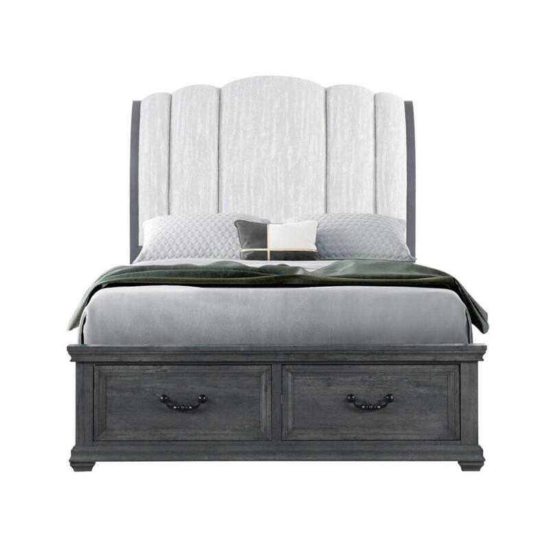 HomeRoots Gray Distressed Wood And Upholstery King Bed Frame With Drawers