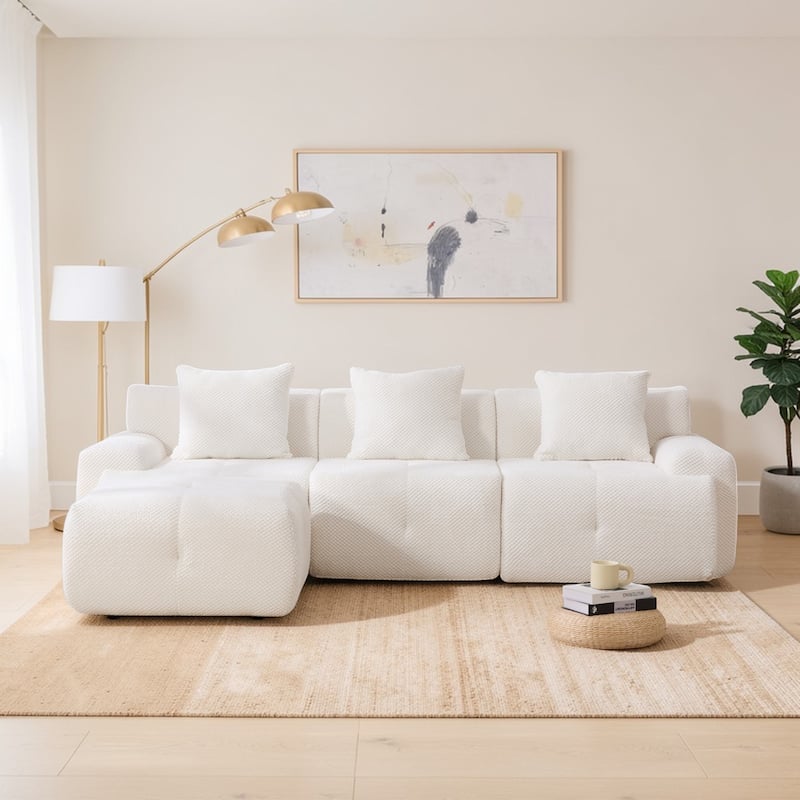 104.3" Modular L-Shaped Sectional Sofa, 4-Piece Oversized 3-Seater Cloud Couch with Ottoman, Tufted Deep Seat & 3 Pillows - Ivory