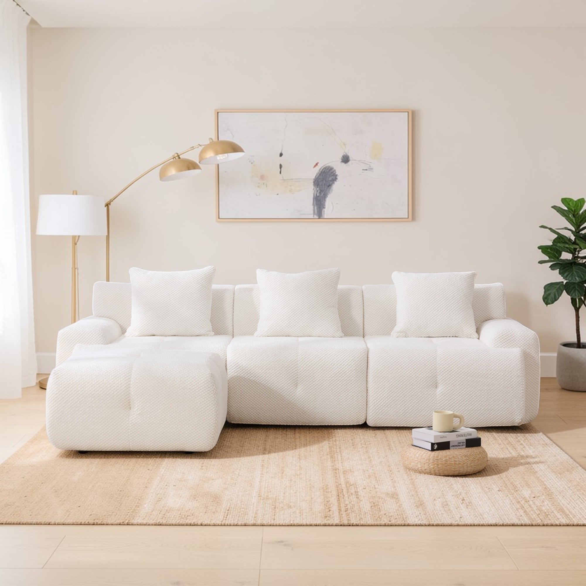 104.3" Modular L-Shaped Sectional Sofa, 4-Piece Oversized 3-Seater Cloud Couch with Ottoman, Tufted Deep Seat & 3 Pillows