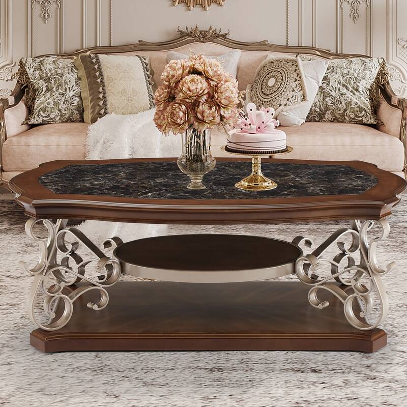 Rectangular Coffee Table With Marble Table Top, Metal Legs Modern Sleek Cocktail Table, Mid Century Sofa Table