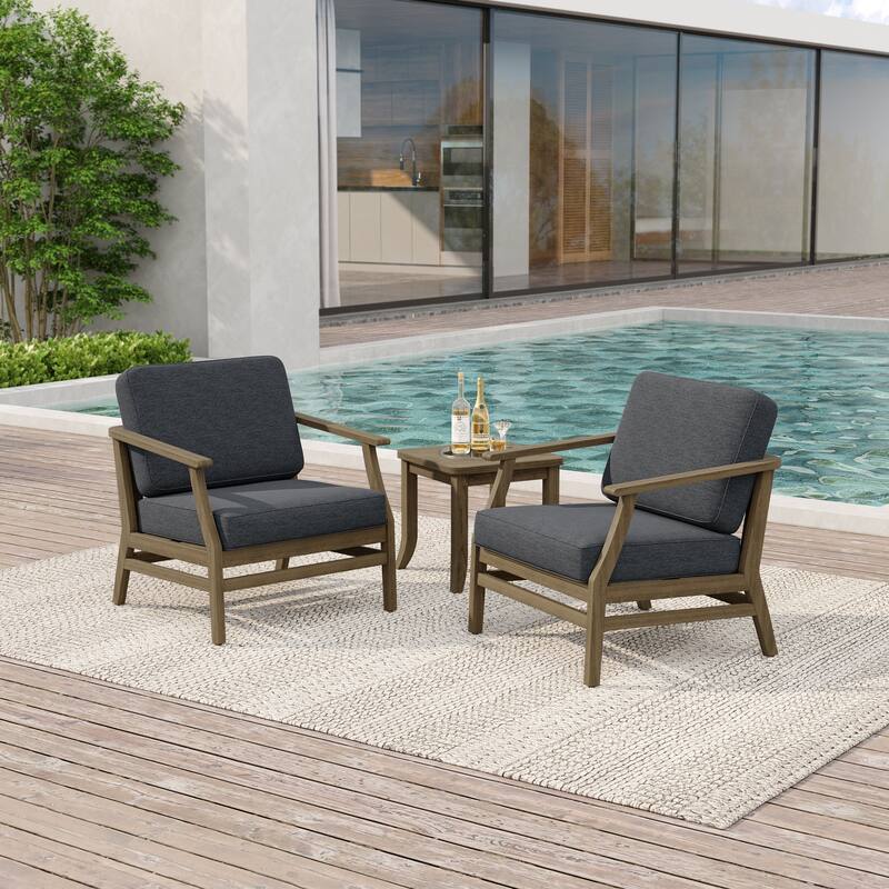 2 Set Patio Teak Wood Outdoor Chair and Side Table Set with Cushions