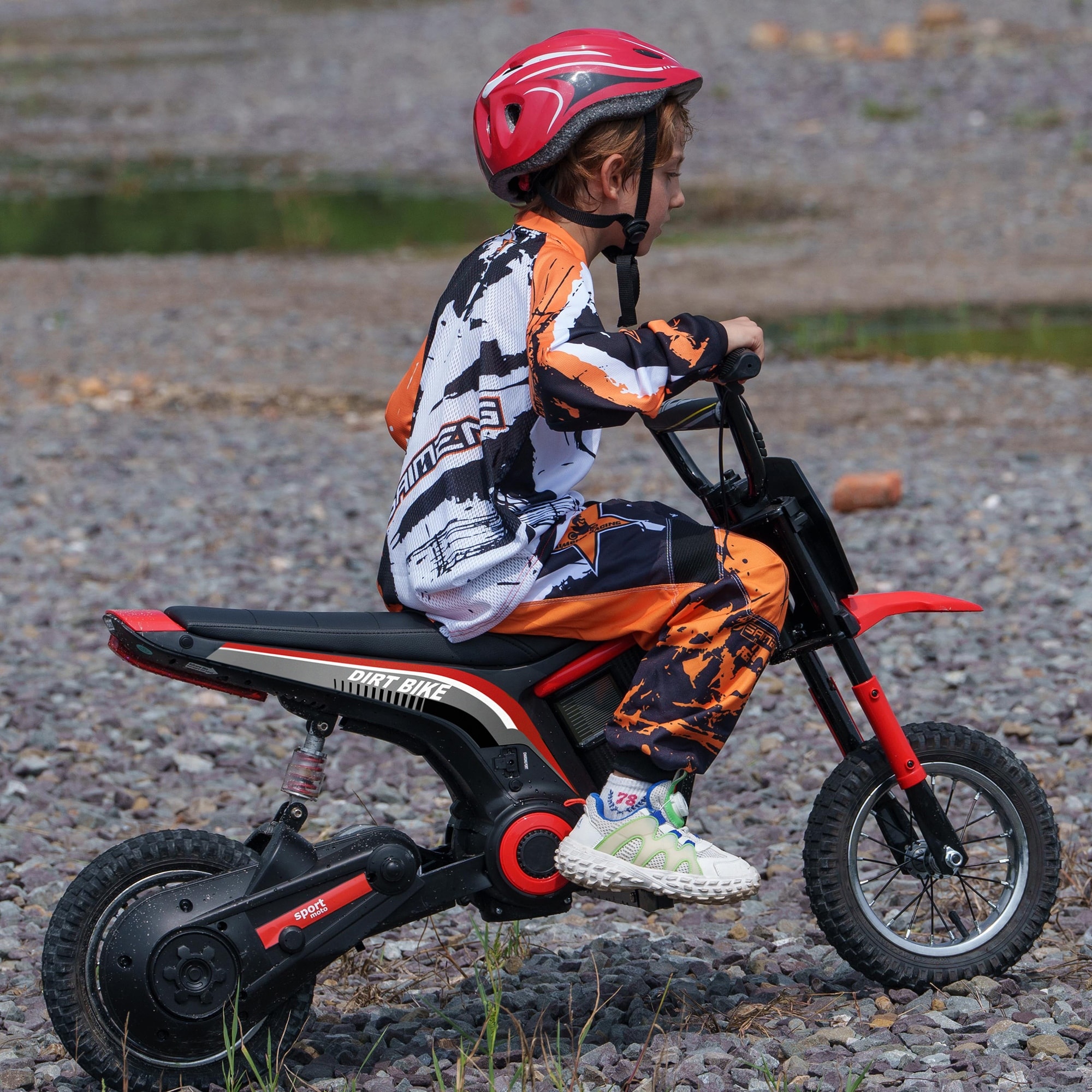 24V Electric Motorcycle Teen Electric Dirt Bike, Red Motorbike All-Terrain Electric Car with Built-in Music