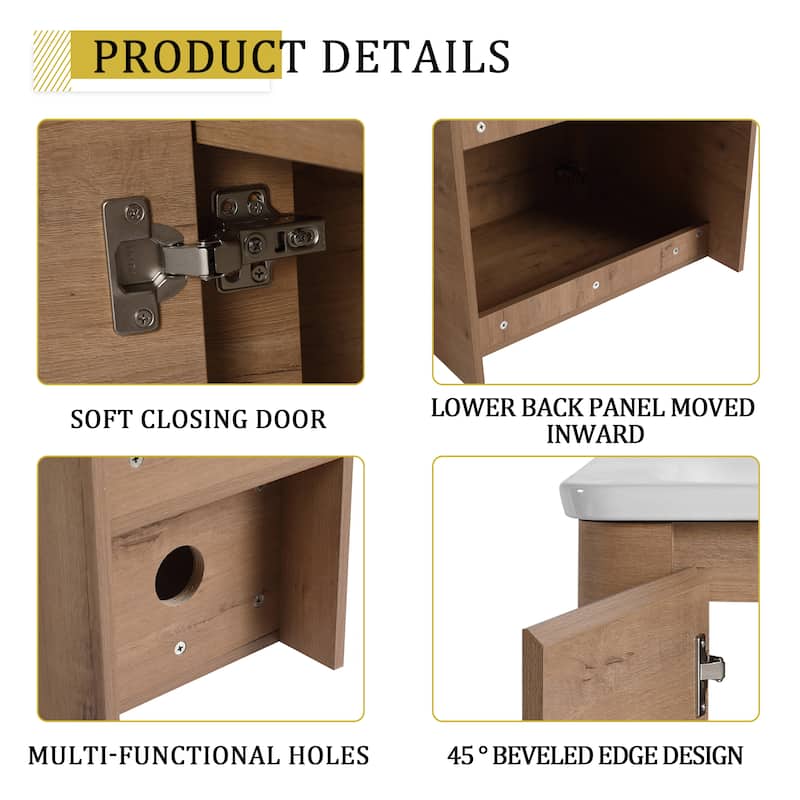 36'' Wall-Mounted Bathroom Vanity with White Ceramic Sink and Storage Shelves & 1-Soft-Close Door, KD-Packing, Plywood