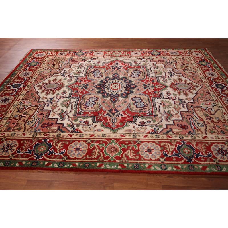 Geometric Ivory Heriz Serapi Oriental Area Rug Handmade Wool Carpet - 7'11" X 9'9"
