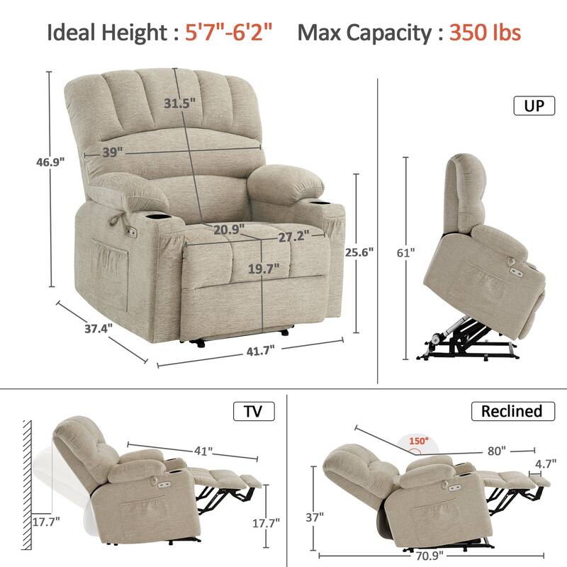 MCombo Power Lift Recliner Chair with Massage and Heat for Big Elderly People, Fabric R7092 (Large-Wide)
