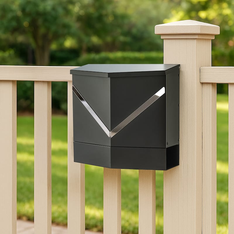 Modern Outdoor Black Metal Secure Locking Wall-Mount Mailbox With Stainless Steel V-Shape Futuristic Design For Home or Office