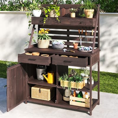 Brown Fir Wood Potting Bench with 5-Drawer, Garden Workstation with Slatted Back Panel