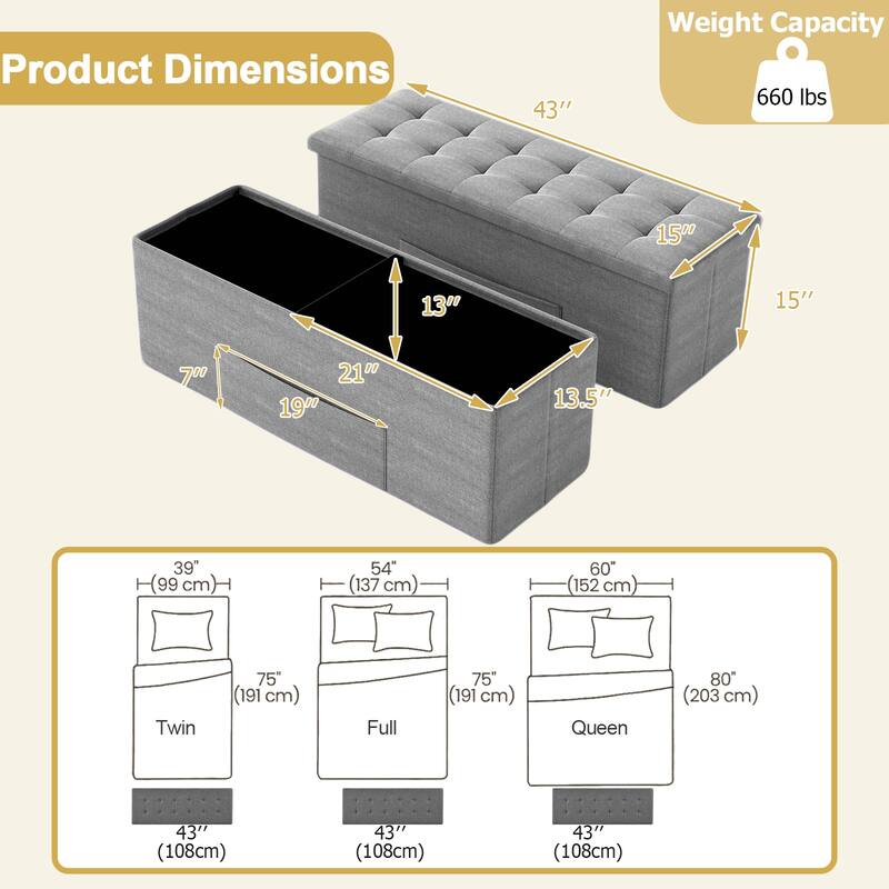 Gymax 43'' Folding Storage Ottoman Bench w/ Removable Divider & Side