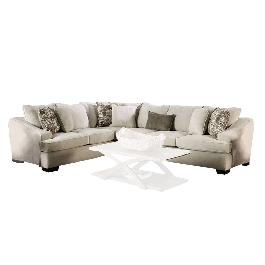 Omi Sectional Sofa, Ivory, Brown Fabric, 7 Accent Pillows, 126 Inch