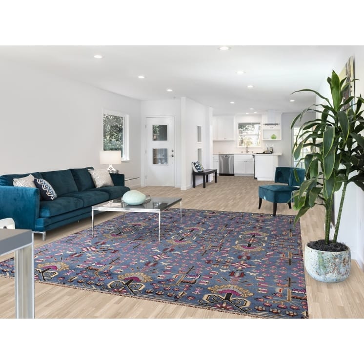 All-Over Blue Ziegler Oriental Area Rug Handmade Wool Carpet - 7'10" x 10'1"