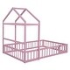 preview thumbnail 10 of 14, Full Size Montessori Floor Platform Bed wFence and Door, Integrated Clothes Drying Rack, House-Shaped Headboard Bed, Pink