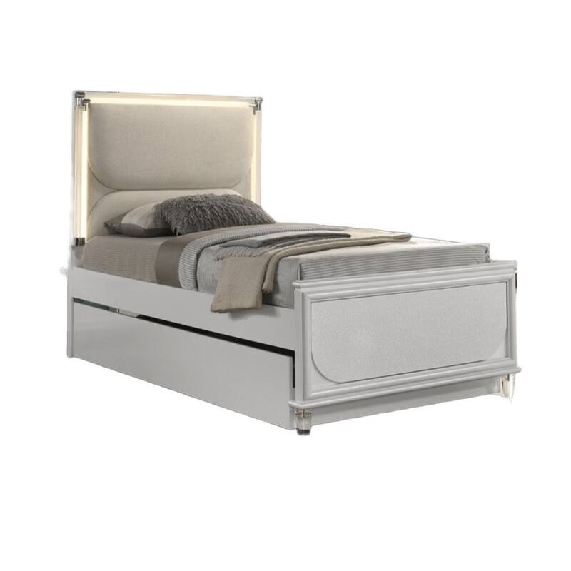 Modern Pearl White Upholstered Full Size Bed with LED Headboard and Trundle