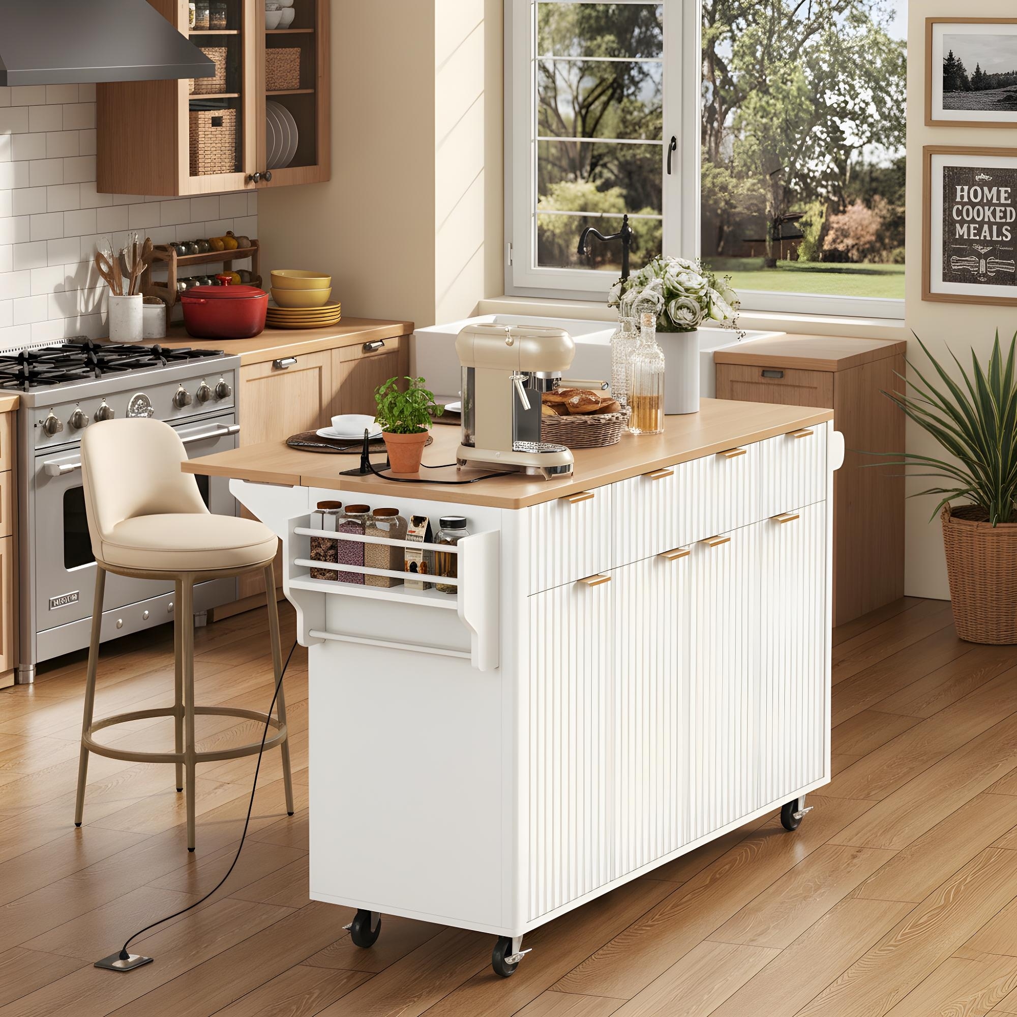 55.5" Rolling Kitchen Island with Faux Marble Top,Drop Leaf,Power Outlet,4 Doors & 3 Drawers – Storage Solution( NO CHAIR) - N/A